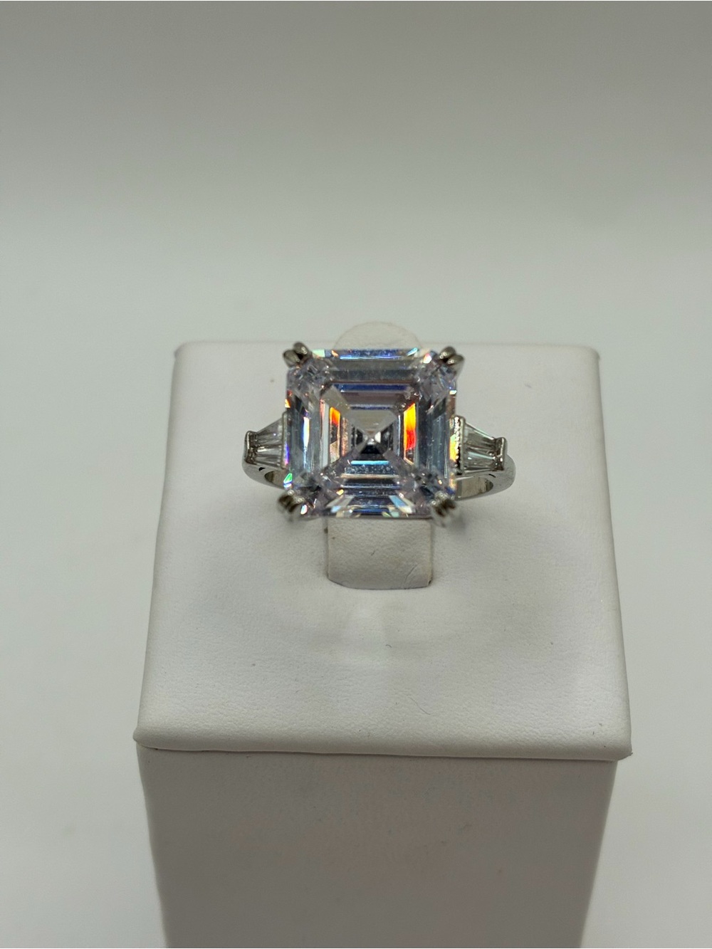 Sterling Silver 925 Asscher Cut Simulated Diamond Ring With Baguettes 6 CT Sz 8